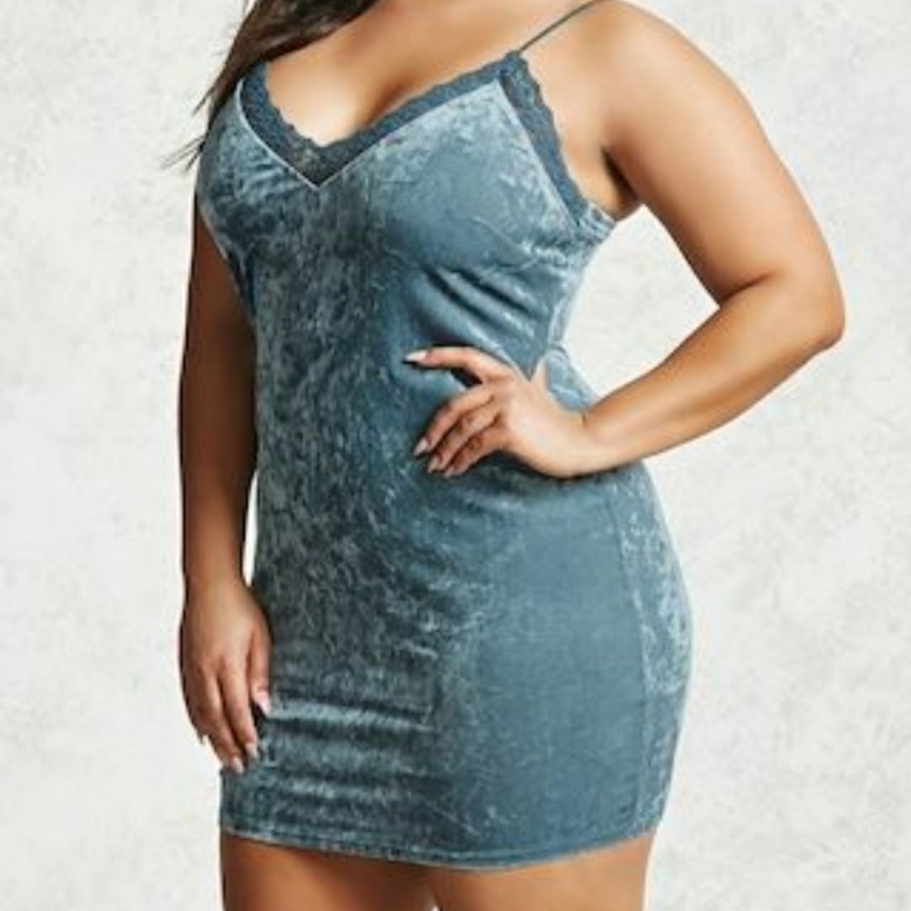 Lace trim teal velvet dress
